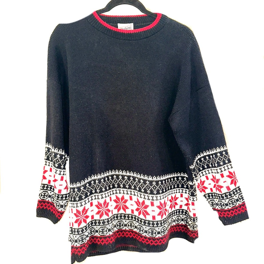 Vtg Mathias Pullover Womens Sweater Black and Red Fair Isle Patterned Size Lg
